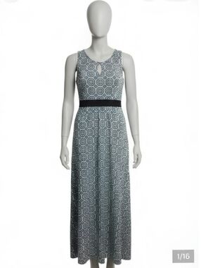 Max & Cleo Maxi Dress Size 12 Vibrant teal and white geometric Print, Sleeveless